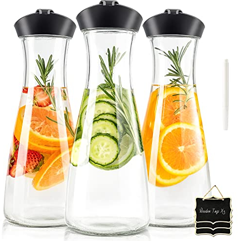 HIHUOS Caraffa in Vetro da 1 Litro - Set di 3 Brocche Con Tappo a Vite e Piastre in Legno - Per Bevande Fai Da Te, Succo, Tè, Latte, Vino