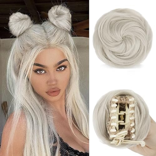 Sofeiyan 2PCS Krallen Clip in Haar Bun Mini Messy Bun Haarteile Dutt mit Klammer Synthetik Haar Scrunchies Haar Donut Chignon Pferdeschwanz Haarteil Dutt für Damen Grau