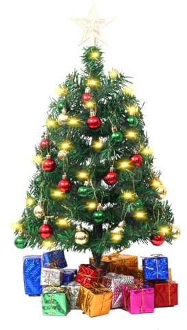 Künstlicher Weihnachtsbaum,60cm Mini Weihnachtsbaum Kleiner Weihnachtsbaum mit Beleuchtung LED,Stern Baumspitze,hängende Kugel,Geschenkkarton Weihnachtsdeko Tisch-Weihnachtsbaum für Haus Büro