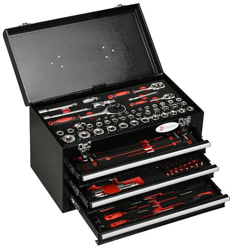Coffre à outils DURHAND 116 pièces Set d'outils, caisse à outils remplie, boîte à outils avec douilles, cliquets, poignée, 3 tiroirs, boîtier en acier, noir