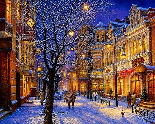 Syntego Kit de peinture par numéros pour adultes, ville en hiver, toile acrylique avec pinceaux, environ 50 x 40 cm