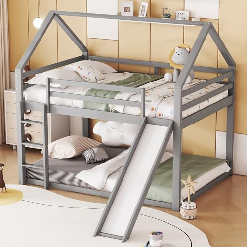 140x200 cm Kinderbett, Hausbett, Etagenbett mit 2 Schlafgelegenheiten, Lattenrost, Leiter und Rutsche,Holzbett aus Kiefer, inkl. Rausfallschutz Grau