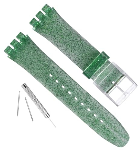 GREENOLIVE Silicone Rubber Watch Strap/Watch Band Replacement for Swatch (17mm 19mm 20mm) (17mm, Sparkle Green)