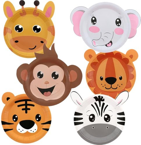 UROINEPA Safari Jungle Wild Animal Party Supplies 60PCS Disposable jungle zoo animal Shaped Paper Plates for Birthday Party, Baby Shower and jungle safari theme party decorations