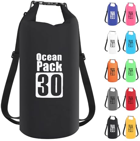 30L Schwarz Wasserdichte Tasche,Dry Bag 2L/5L/10L/15L/20L/30L mit Verstellbarem Gurt,Schützt Telefon/Karte, Roll Top Wasserdichter Beutel Rucksack für Schwimmen/Rafting/Kajak/Bootfahren/Camping/Strand