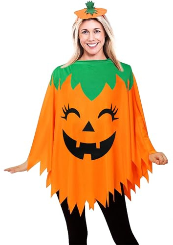 23GUANYI Deguisement Citrouille Femme, Deguisement Carnaval Femme, Deguisements Citrouille, Festival Funny Party Fancy Dress Pumpkin Orange Poncho Outfit with Pumpkins Hat for Adults