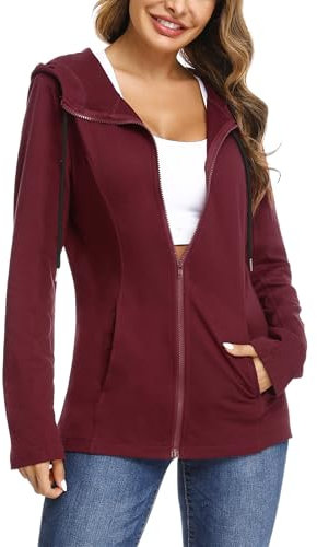 Aottori Sweatjacke Damen Kapuze Lang Baumwolle Hoodie Langarm Pullover Kapuzenpulli Outwear Jacken Sweatshirt Kapuzenjacke Weinrot XL