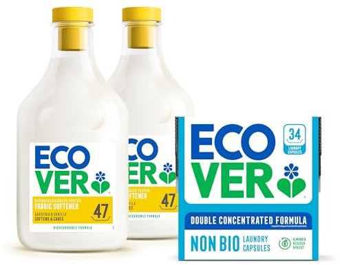 Ecover Non-Bio Washing Capsules - Laundry Capsules/Tablets - Almond & Rescued Apricot Scent, 1x Pack of 34 & Ecover Fabric Softener, Gardenia & Vanilla, 2 x 47 Washes