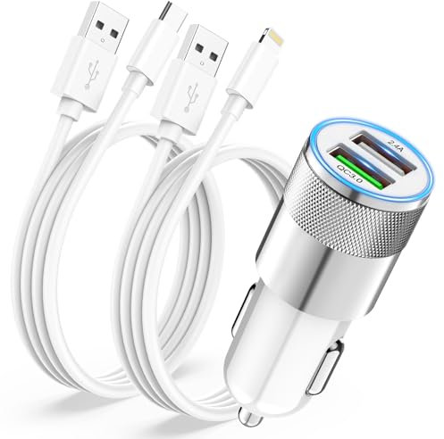 iPhone Car Charger Adapter [Apple MFi Certified], Car iPhone Charger Cigarette Lighter Dual USB Car Charger Fast Car Phone Charger with Lightning Cable&USB C Carplay Cable for iPhone 16 15 14 13 12 11