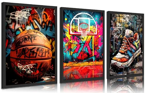 Basketball-Graffiti-Leinwand, Wandkunst, Basketballplatz, Sneaker, Poster, Drucke, Gemälde, Retro, abstrakt, Graffiti, Teenager, Wanddekoration, Bilder für Teenager, Jungen, Wohnzimmer, Schlafzimmer