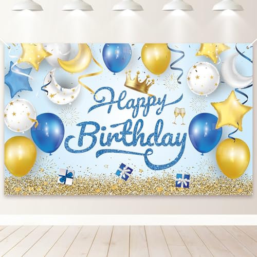 PartyYaa Geburtstag Banner, Happy Birthday Banner Deko, Extra Großes Geburtstag Party Fotoautomaten Hintergrund Dekoration Schild Poster für Männer und Frauen (Blau Weiß & Gold)