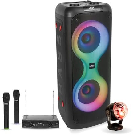 Ibiza – Pack Altavoz Karaoke con batería 700 W Bluetooth USB TWS LED Ibiza Sound COLUMBA700-2 micrófonos inalámbricos – Efecto Astro LED RGB