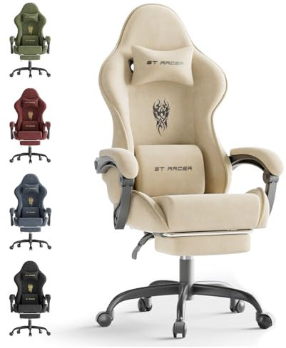 Ferghana Silla Gaming Ergonómica con Masajeador,Silla Gamer de Terciopelo con Soporte Lumbar de Masaje,Reposacabezas,Reposapiés,Silla de Oficina,Silla Ergonómica de PC,Rotación de 360°,Blanco