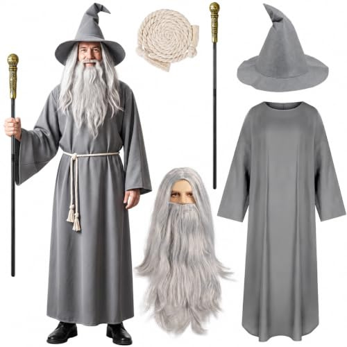 iZoeL Trollkarl kostym vuxen halloween kostym män rock hatt skäggperuk | Manlig trollkarl outfit hatt vuxen rock med peruk långt skägg trollkarl personal trollkarl maskeraddräkt män