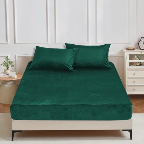 YASMENG Winter Plüsch Spannbettlaken 200x200cm Grün Dunkelgrün Warm Kuschel | Fleece Bettlaken 200x200cm Weich Kuschelig Samt Flauschige Spannbettlaken Boxspringbett Geeignet für 30cm Matratze