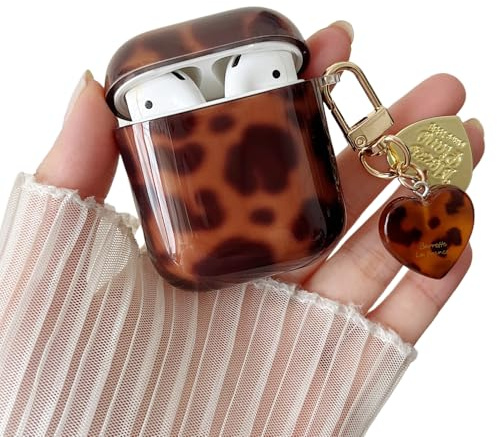 MINSCOSE für AirPods 1&2 Clear Case, Retro Amber Schildkröte Leopard Muster Design mit trendigem Herz geformten Schlüsselanhänger, weiche TPU Schutz stoßdichte Abdeckung für AirPods 1&2-Brown