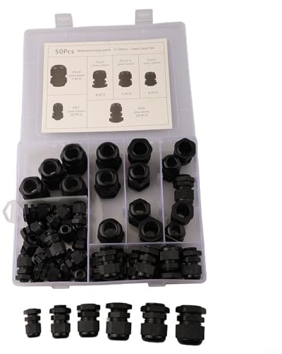 Gettimore 50 Pcs Nylon Cable Gland Kit IP68 Waterproof PG7-19 Locknut Glands for 3-16mm Cable, Plastic Threaded Wire Connector Reducer
