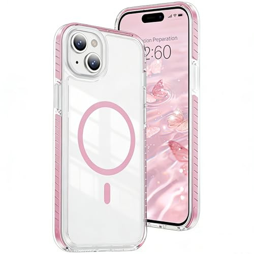 QIWEIQING Coque pour iPhone 14 6.1, Compatible avec MagSafe, Anti-Jaunissement Clair Magnétique Étui de Téléphone Transparent Anti-Rayures Housse pour iPhone 14 / iPhone 13 6.1. Rose CT