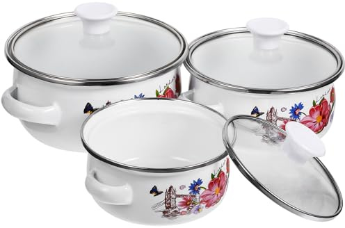 MAGICLULU Marmites à Soupe en Émail Lot de 3 Petites Casseroles à Fond Plat Double Poignée Ensemble 12-14-16 CM Adaptées pour Nouilles Instantanées et Cuisson Induction Usage Quotidien