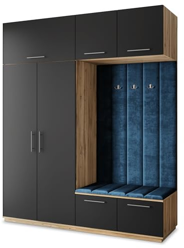 Masseno Flugarderoben Set Rema, Kleiderschrank-Set mit Sitzbank, Garderobenschrank Flur mit 5 Regalböden, Eiche Wotan/Schwarz