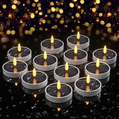 Bougies LED Solaires Tea Light pour Extérieur, Lot de 12 Bougies Solaires LED Imperméables Sans Flamme avec Capteur Crépusculaire, Lumières Solaires pour Lanterne Extérieure, Jardin, Camping