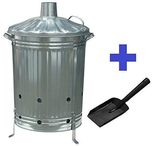 CrazyGadget Garden Fire Bin Incinerator Galvanised 90 lt + FREE ASH SHOVEL (Burning Wood Leaves Paper etc.)
