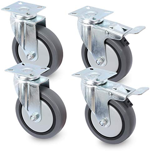 PRIOstahl Transportrollen mit Bremse - 100mm Rollen für Möbel 4 Rollen Set - bis zu 320Kg Spurlos abrollend - Möbelrollen Lenkrollen Gummi f Palettenmöbel Transportroller o. Transportboxen Rollbrett