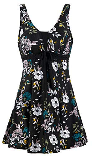 Wantdo Femme Maillot 1 Pièce Maillot de Bain Jupette Amincissante Slim Cache Ventre Maillot avec Jupe Elégant Plage Tankini Floral Push Up Grande Taille Fleur Prunier 54