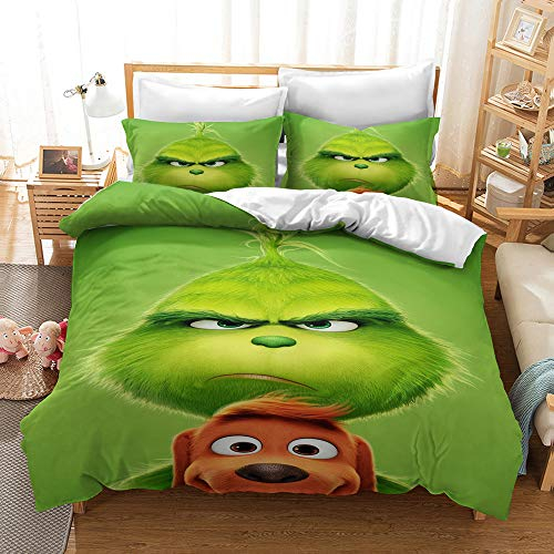 NICHIYO The Grinch Bettwäsche-Set, Bettbezug und Kissenbezug, Mikrofaser, 3D-Digitaldruck, dreiteiliges Bettwäsche-Set (Bettbezug + Kissenbezüge), Einzelbett 135 x 200 cm