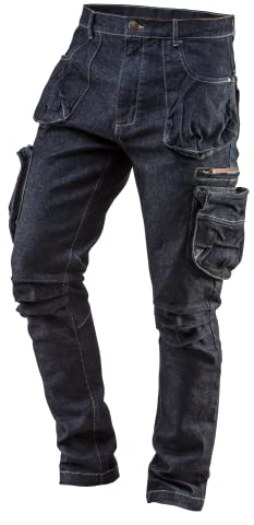 NEO TOOLS Herren Arbeitshose Denim, lang, 8 Pockets, Gr. XS-3XL, verstärkte Nähte, ausprofilierter Kniebereich, Mischgewebe 98% Baumwolle, 2% Elasthan 410 g/m2, Multifunktionstaschen, Cargo-Optik