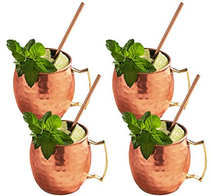 Sol Living - Tasses Mule de Moscou en cuivre de 14 oz avec 4 pailles - Ensemble de verres à cocktail en métal - 4 pièces