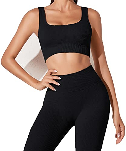 JN JANPRINT Workout-Outfits für Frauen 2-Teiliges Set,Nahtlos Yoga-Outfits Hohe Taille Leggings+Sport-BH Damen Trainingsanzüge Set(Schwarz,M)