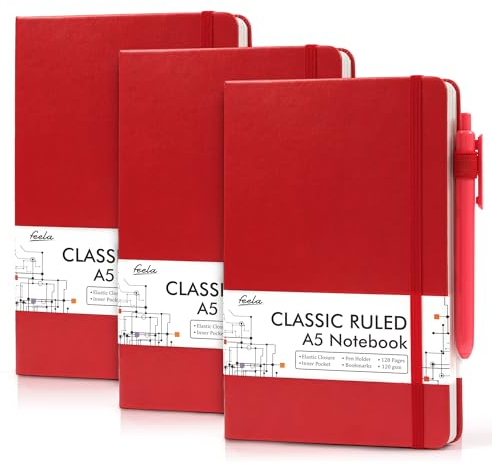 feela Notizbücher, Tagebücher mit 3 schwarzen Stiften, A5, Hardcover, Notizbuch, klassisch, liniert, Tagebuch-Set mit Stifthalter für Arbeit, Business, Journaling, Notizen, 120 g/m², Rot, 3 Stück