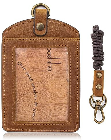 Boshiho Porte-badge en cuir de vachette avec cordon tour de cou, porte-carte de crédit vertical pour bureau, étudiants, affaires (marron clair)