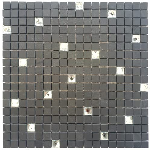 Estile Mosaico Schwarz Mosaikfliese Schiefer Diamant-Glas Anthrazit Naturstein Matte M051 (1 Stück, 30 x 30 cm, 0.8 cm)