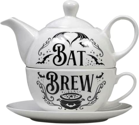 Alchemy Gothic Bat Brew Magical Teapot Tea Cup for One Set, White