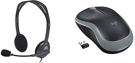 Logitech Stereo Headset H111 On Ear Headset, Grey Detachable & Logitech Wireless Mouse, Swift Grey