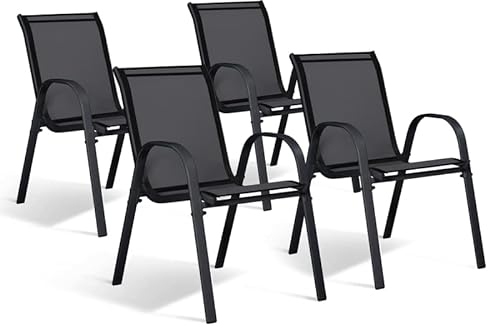 IDMarket - Juego de 4 sillas de jardín LYMA metal y textileno apilables negras