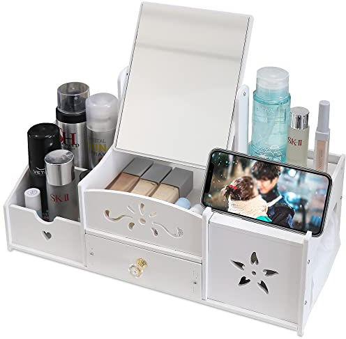 LEcylankEr Cosmetic Organizer, Schminktisch Organizer mit Spiegel, Multifunktionaler Desktop Kosmetik Organizer, Weiß Make up Organizer mit Schublade für Schlafzimme/Badezimmer (Quadratischer Spiegel)