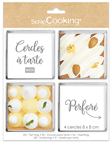 ScrapCooking - 4 Cercles à Tartelettes Perforés Carrés - Cadres à Tartes Individuels 8 x 8 cm - Moules Cadres Pâtissiers Inox - Cuisson Uniforme - Accessoires Pâtisserie Gâteau Dessert - 1324