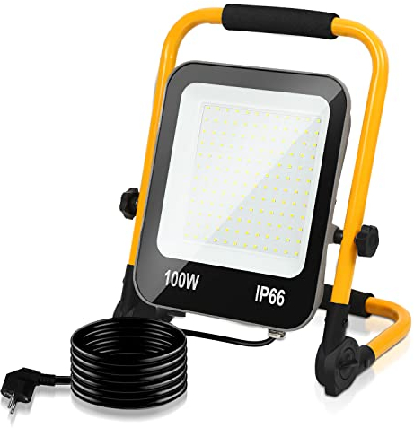 Joparri LED Baustrahler, Arbeitsleuchte 100W, 10000LM LED Fluter Floodlight mit 3M Kabel und Stecker, Wasserdicht IP66 Austellenlampe für Innen-und Außenbereich Baustelle Garage Werkstatt, Kaltweiß