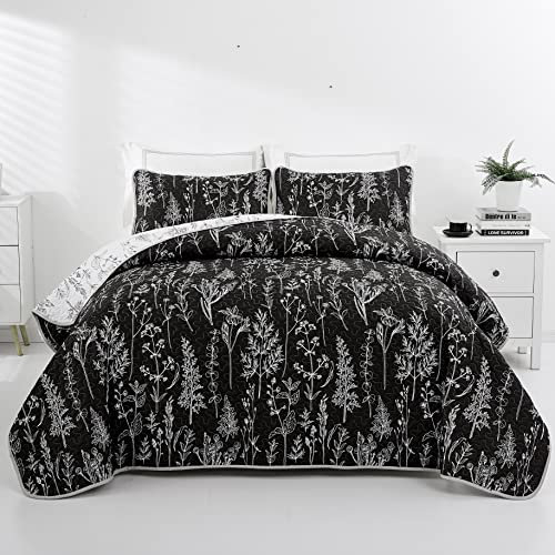 Lunoroey Tagesdecken für Doppelbett, Schwarz und Weiß, wendbar, botanische Blumen, Zweige, weiche Mikrofaser, leicht, gesteppte Tagesdecken, Bettwäsche-Set (1 Steppdecke, 2 Kissenbezüge)