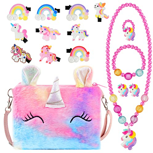 OSDUE Einhorn Handtaschen, Schmuckset für Mädchen, Unicorn Kette Halskette Armband Ring Schmuckset, für Party Dress Up Geschenk (16 PCS)
