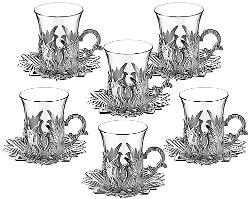 Busem Hediyelik Lot de 6 verres à thé arabe turc avec supports et soucoupes en métal argenté.