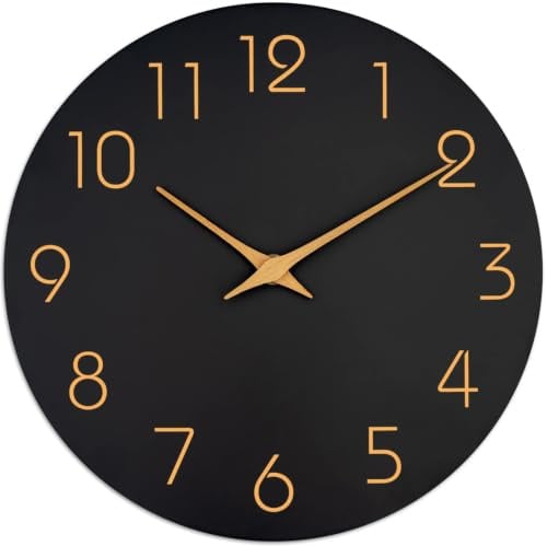 Mosewa Große Wanduhr, 20,3 cm, schwarz, batteriebetrieben, leise, Nicht tickend, einfach, minimalistisch, rotgoldene Ziffern, dekorativ, für Schlafzimmer, Wohnzimmer, Küche, Zuhause, Bad, Büro
