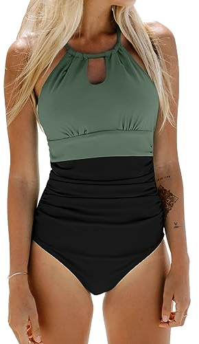 CUPSHE Women's One Piece Swimsuit High Neck Beach Swimwear Ruched Tummy Control Bathing Suit Swimming Costume Black/Green S