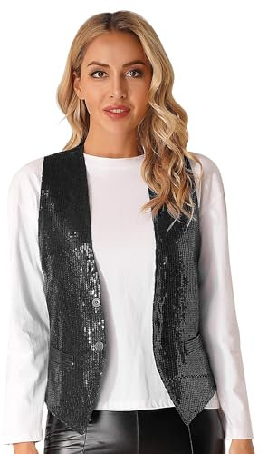 Jugaoge Damen Pailletten Weste Ärmellos V-Ausschnitt Anzugweste Kurz Gilet mit Zwei Knöpfe Hochzeit Party Disco Tanz Outfits Schwarz L