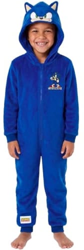 Sonic The Hedgehog Jungen Einteiler Mit 3D-Ohren | Warmer und kuscheliger Fleece, gestickter Sonic Aufdruck, 3D Ohren, Reißverschluss, Übernachtungen, Halloween, Weihnachten