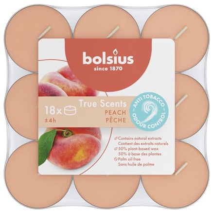 Bolsius True Scents Duft-Teelichtkerzen, 18 Stück, Anti Tabak, Pfirsich, 4 Stunden Brenndauer pro Kerze