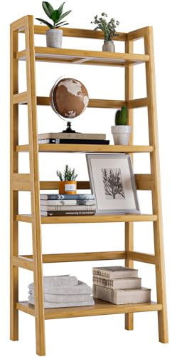 HITNET Ladder Shelf, 4-Tier Bookshelf, Bamboo Leaning Bookcase, Display Storage Rack Organizer, Freestanding Flower Plant Stand for Living Room, Home Office, Kitchen, Natural